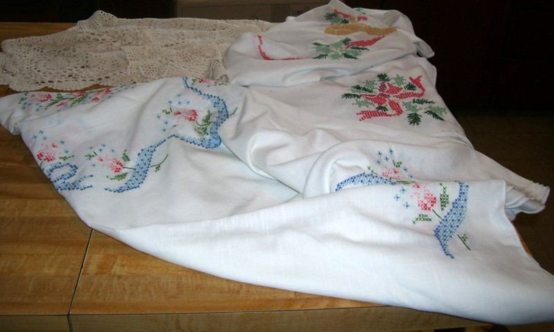 Pair of Hand Embroidered Tablecloths 1 is Christmas & Hand Crocheted Doilies