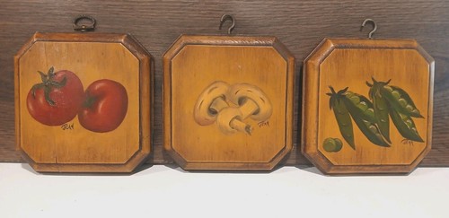 Vintage Set Of 3 Jean Thompson Hand Painted Wooden Kitchen Plaques