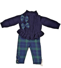 Janie and Jack Baby Girls Holiday Tartan Peplum Bow Sweater Pants 3m to 6m