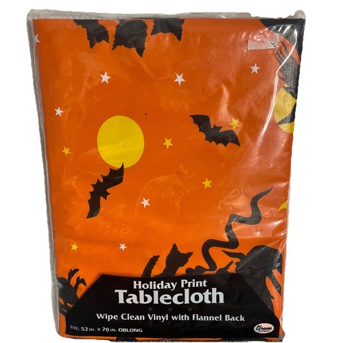 Vtg Early 80s Halloween Vinyl Tablecloth 52 x 70 Oblong Cats Witches Elrene MFG