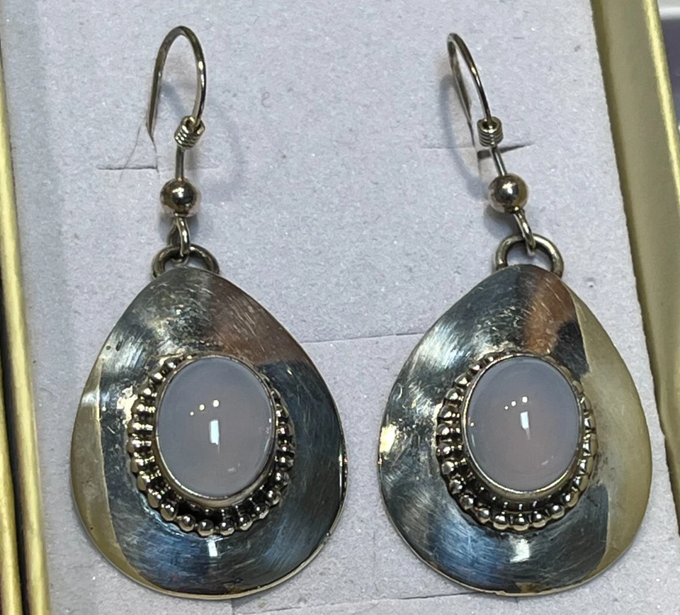 Pendientes Navajo Carol Wylie Piedra Luna Ovalados Vintage Plata de Ley 925 1/2"L Foto 4 de 4