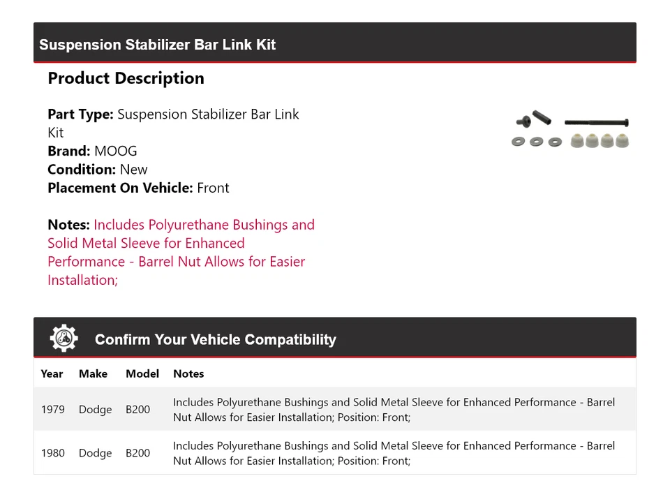 Kit de eslabones de barra estabilizadora de suspensión delantera MOOG para Dodge B200 1979-1980 Foto 2 de 4