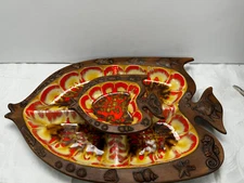 Treasure Craft Fish Dish Nautical Divided chip and dip No. 390 Made USA Vintage