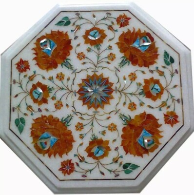 15'' Octagon White Marble Inlay Table Precious Stone Italian Design Furniture Dec