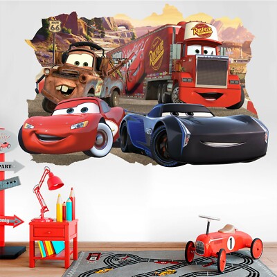 Autocollant Mural 3D Cars (McQueen, Mater) - Décor Chambre Enfant - Vinyl Amovible
