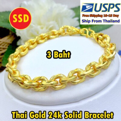 Kc4 Thai Gold 24k Solid Bracelet Yellow Chain Pendant 6.5,7,7.5,inches 3 Baht