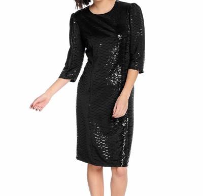 Womens Black Elbow Sleeve Puffed Shoulder Sequin Party Cocktail Dress Size  XS~M | eBay