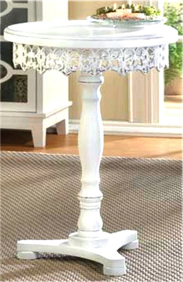 21" CARVED SHABBY CHIC WHITE PINE WOOD FLOURISH PEDESTAL END ACCENT TABLE ** NIB