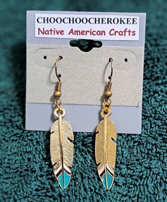 Handcrafted Native American Gold & Turquois Feather Earrings, Crafted in the USA