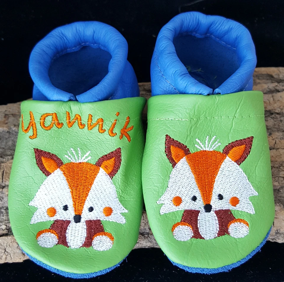 Krabbelschuhe/Lederpuschen Name Leder bestickt Fuchs für Jungen oder Mädchen