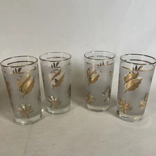4  Libbey MCM GOLD Foliage Leaves Tom Collins Tall Frosted Glasses 5.5" -Read