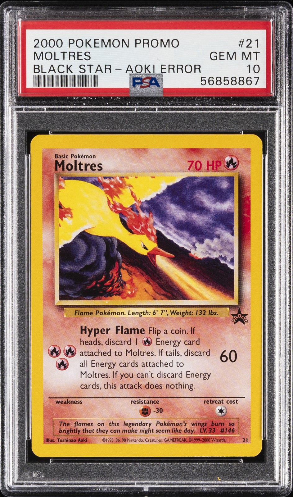 2000 POKEMON PROMO BLACK STAR TOSHINAO AOKI ERR #21 MOLTRES PSA 10