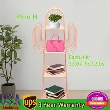 4 Tier Iron Book Shelf Cactus-Shaped Pink Bookcase w/ 6 Compartments for Study