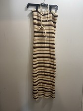 Striped Knit Halter Bodycon Midi Dress Beige Brown Cotton S Sleeveless Cut-Out