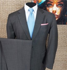 JOS. A BANK Mens Size 46R Three-Season Wool 2-Piece Suit Tan on Brown Windowpane
