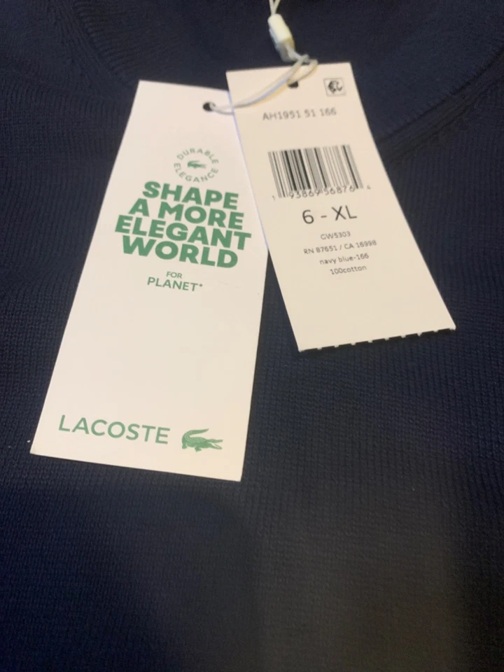 Lacoste Men's Crew Neck Cotton Sweater Navy New With Tags 6- XL ((N082520) - Image 4 of 4