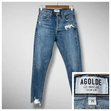 Agolde Jeans Womens 25 Blue Distressed Jamie Button Fly Mid Rise Made in USA