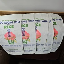Vtg Moo Koong Wha 10 Lbs Rice Bags Lot of 5 Empty Great Graphics & Color 18"x9"