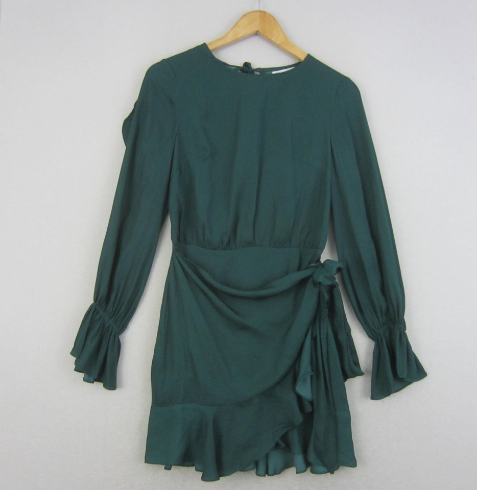 Here Comes The Sun Dress Womens 10 Green Long Sleeve Ruffle Short Event Cocktail