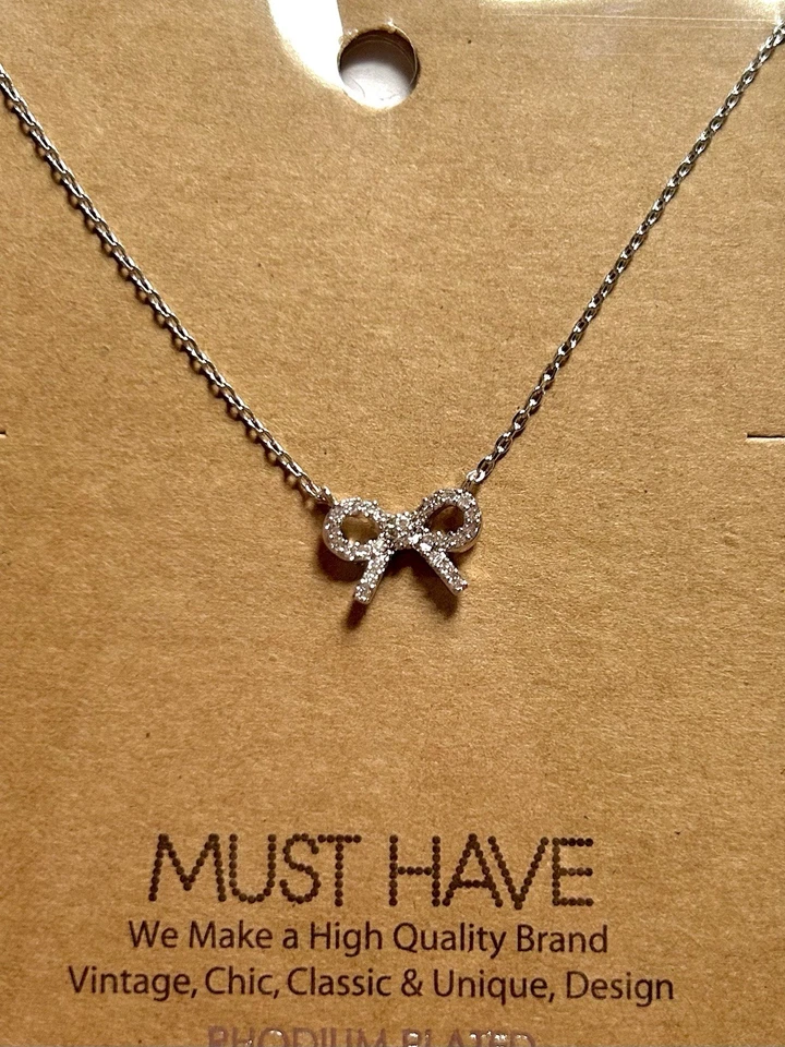 NEW! Must Have SILVER BOW NECKLACE Jeweled Rhodium-Plated Handmade Classic 17in — 第 3/4 张图片