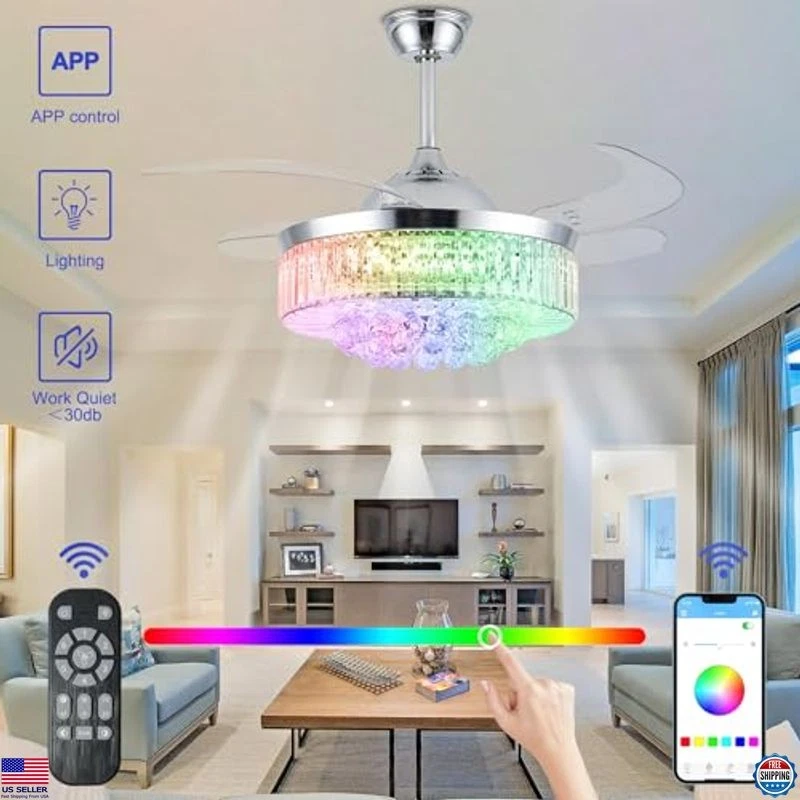 42" Crystal Chandelier Ceiling Fan with Remote, 6-Speed Retractable Blades - Image 3 of 4