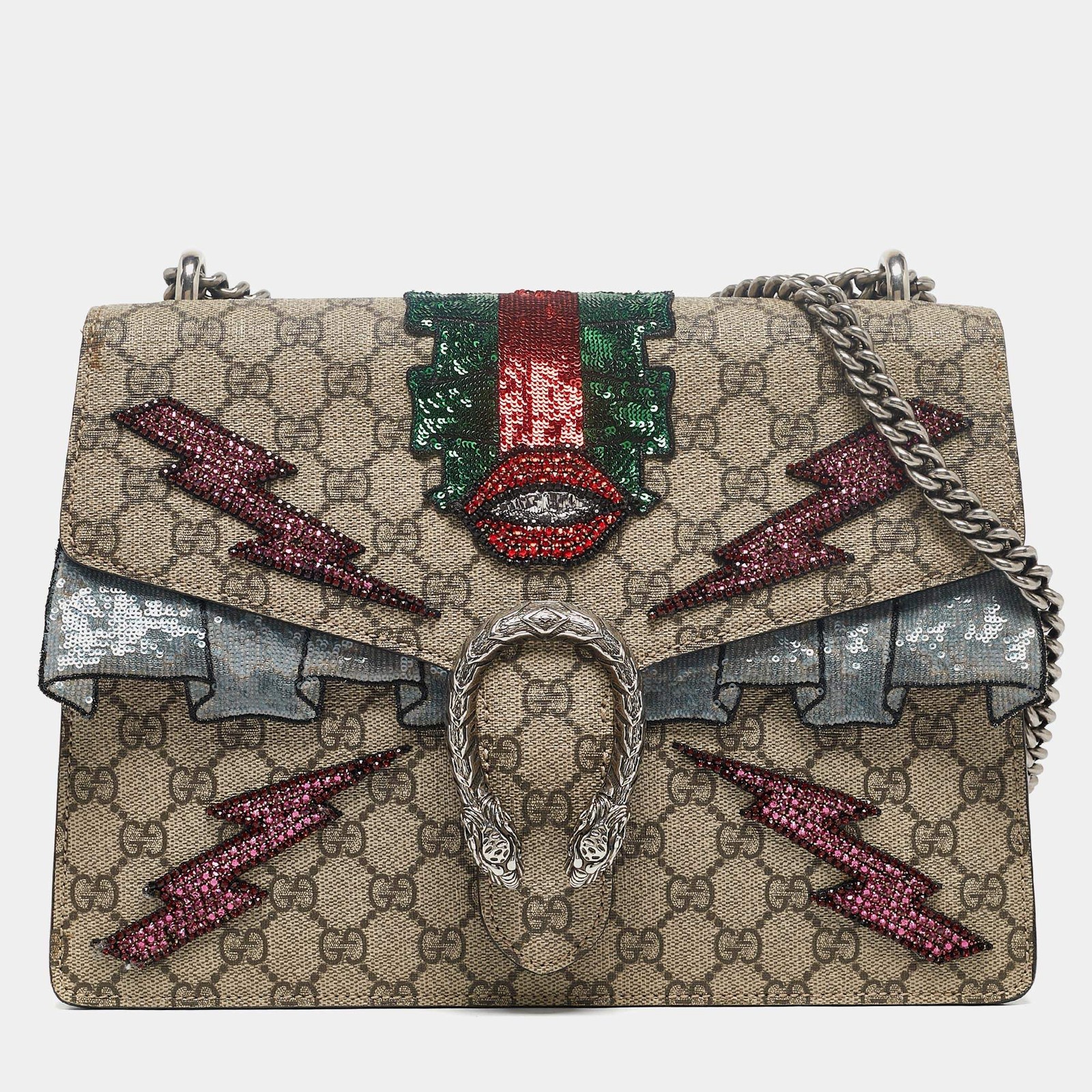 Gucci Beige GG Supreme Canvas and Suede Medium Embellished Dionysus Shoulder Bag