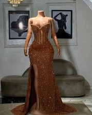 Golden Rhinestones Prom Dress With Gloves Luxury Gowns Elegant Evening Dresses