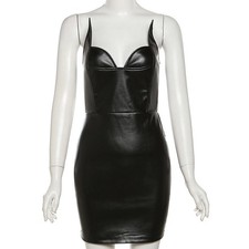 LATEST DESIGN Black Faux Leather Strapless Bodycon Mini Dress UK Size 12