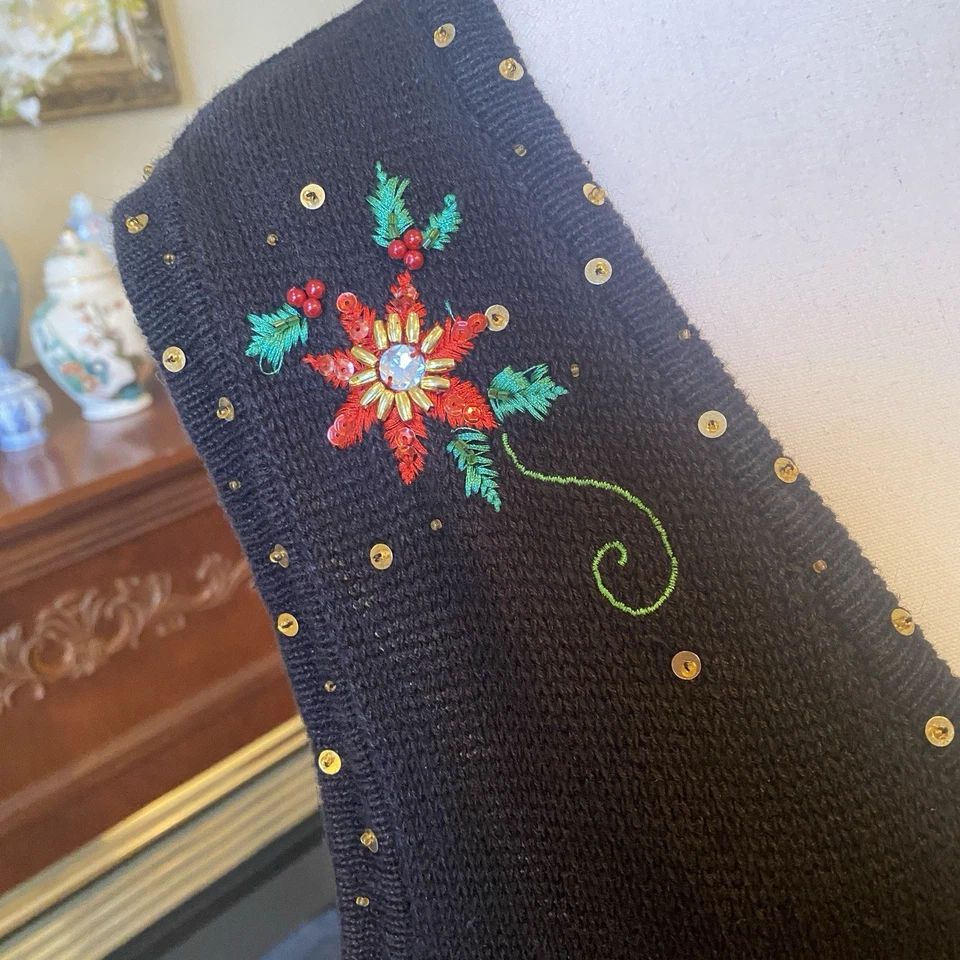 Kikit Vintage Navidad Suéter Chaleco L Cardenales Flores de Pascua Bordado con Cuentas  Foto 3 de 4
