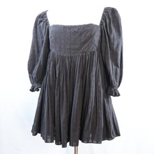 Mable Black Babydoll Mini Dress L Square Neck Puff Sleeve Woven Textured Cotton