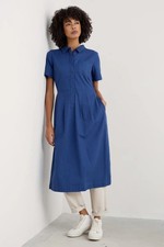 Seasalt Shirt Dress Size UK 14 Navy Blue Midi Pockets Short Sleeve Birch Glade