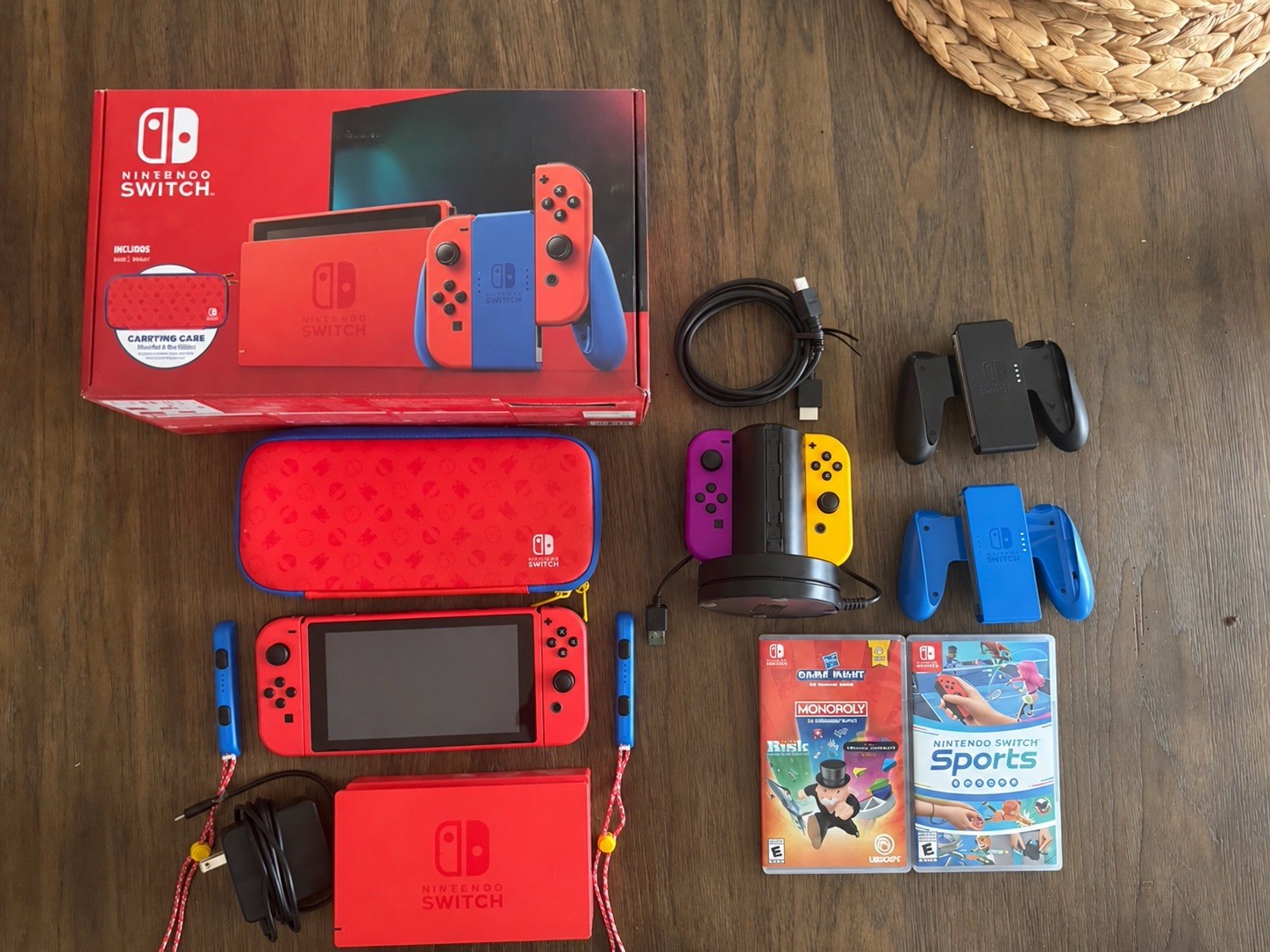 Nintendo Switch Mario Red & Blue Edition Bundle 4 Joy-Cons 2 Games, Microsd Card