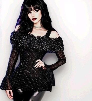 New VNTG Y2K Crinkle Dark Romantic Black Blouse Bell Sleeve Top Whimsigoth L