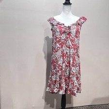 American Eagle Dress Women Medium Red Floral Short Shift Ruffle Neck Sleeveless