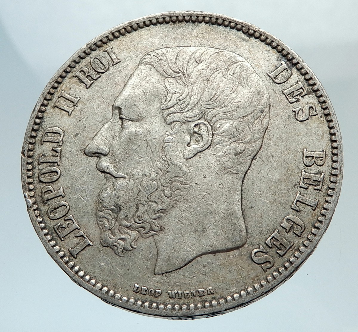 1873 BELGIUM with King LEOPOLD II and LION Genuine Silver 5 Francs