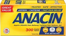 Anacin Fast Pain Relief Aspirin + Caffeine, 300 Coated Tablets Free Shipping US 