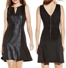 VINCE CAMUTO size 4 BLACK Stretch Ponte Faux Leather Panel DRESS Gold neck Z23