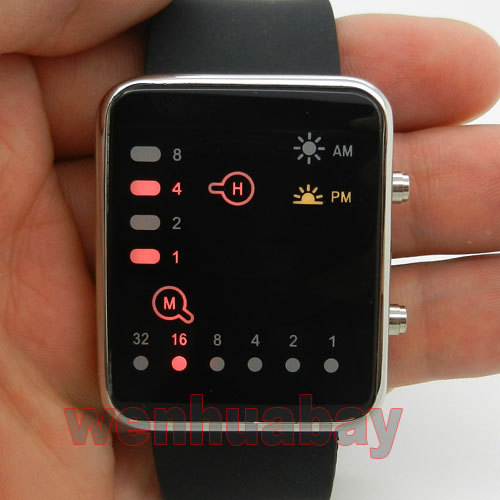 Red/Blue LED Binary Black/White Leather/Silicone Band Watch 889 Boy Girl Men - Picture 9 of 34