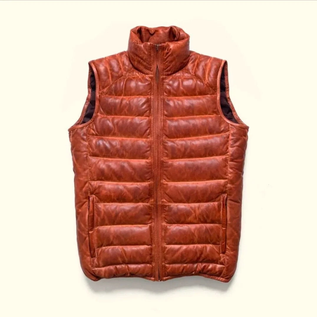 Men's Brown Real Sheep Leather Faux Down Goose Bomber Vest Leather Puffer Jacket