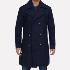 Navy Blue Wool Coat With Wide Notched Lapels Mens Peacoat