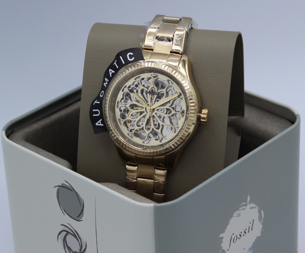 NEW AUTHENTIC FOSSIL RYE AUTOMATIC SKELETON GOLD WOMEN