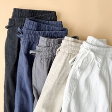 Mens Lightweight Drawstring Trousers Baggy Cotton Linen Bottoms for Light Sports