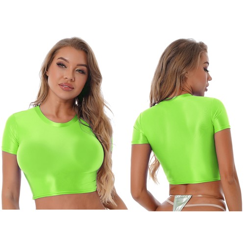 FEESHOW Women's Glossy Short Sleeve Crop Tops T-Shirt Gym Yoga Sports Tops AU - Picture 27 of 80