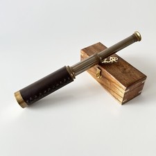 Handcrafted Brass Spyglass Telescope 18x with Leather Wrap Wooden Storage Box