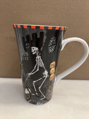 222 Fifth Bicycle SKELETON Halloween Pumpkin Cane Mr. Haunted House Tall Mug Cup