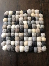 New 7.5” Handmade Gray Felt Balls Cushion Trivet Square Wool Pom Pom Nepal T4