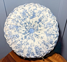 Blue White Chinoiserie Round Pillow Pintucked Cottagecore 14.5  Rosette