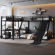 Metal Triple Bunk Beds with Slide, Desk and Storage Shelves, L-Shaped Twin Bed