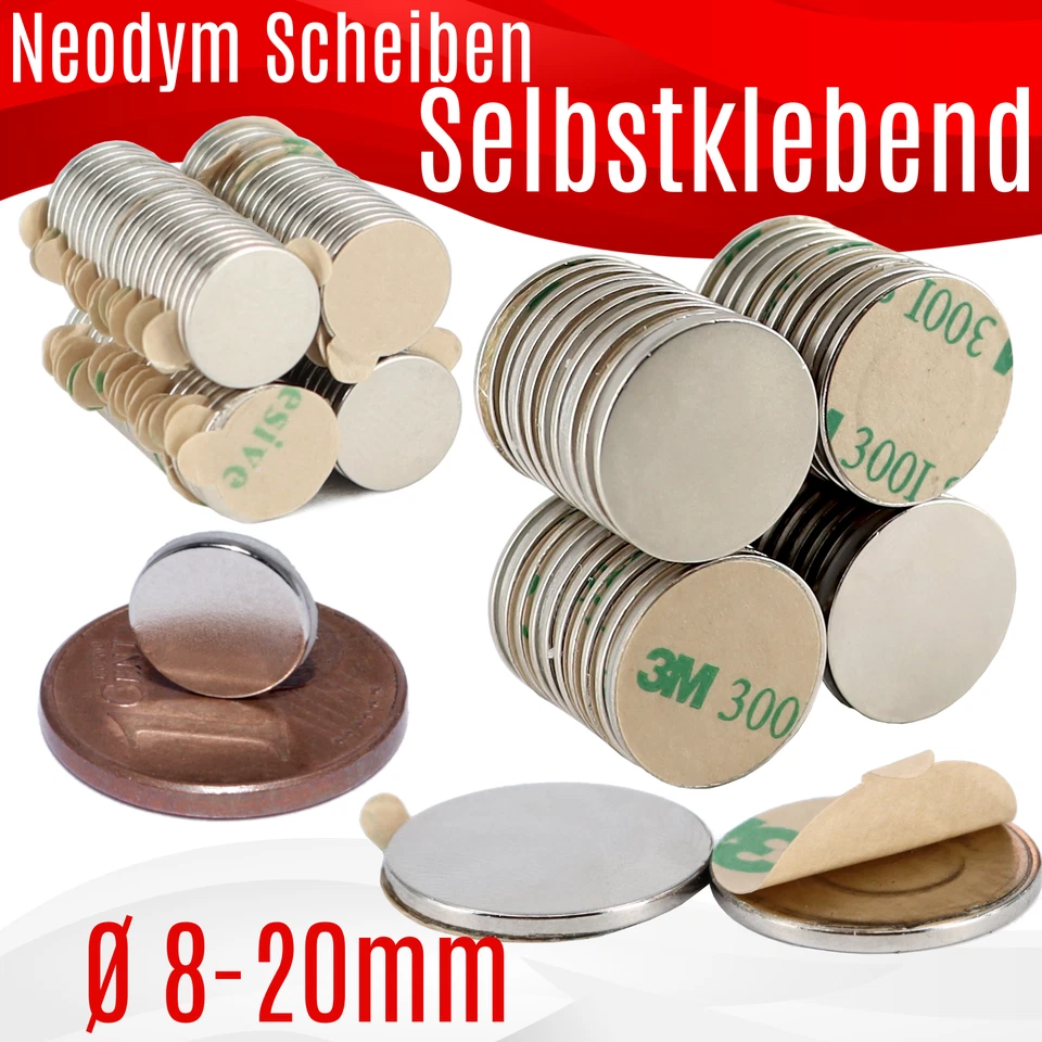 Neodym Magnet Selbstklebend Scheiben 10mm bis 20mm 1mm Flach Klebemagnete Rund