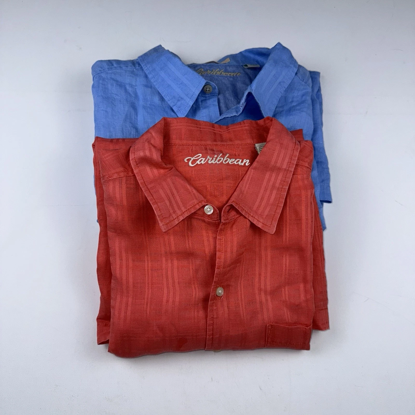 2 Caribbean Linen Men’s 2XB Light Blue Pink Short Sleeve Button Up Big Tall